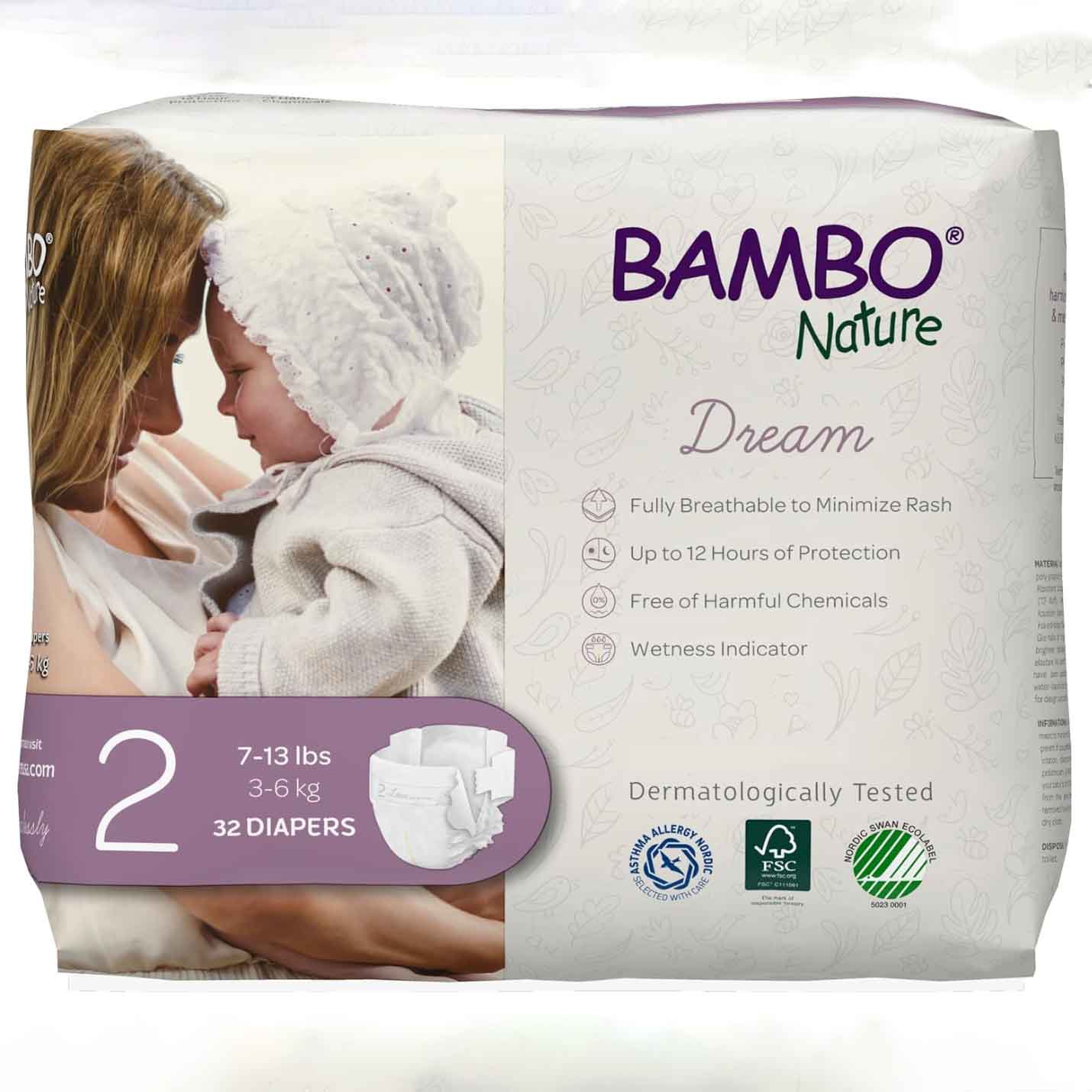 Diapers in cream and lavender packaging