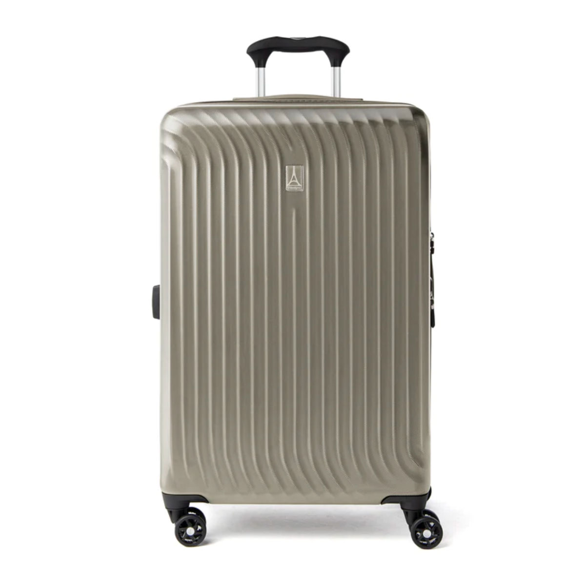 Frontview of hardside luggage in champagne