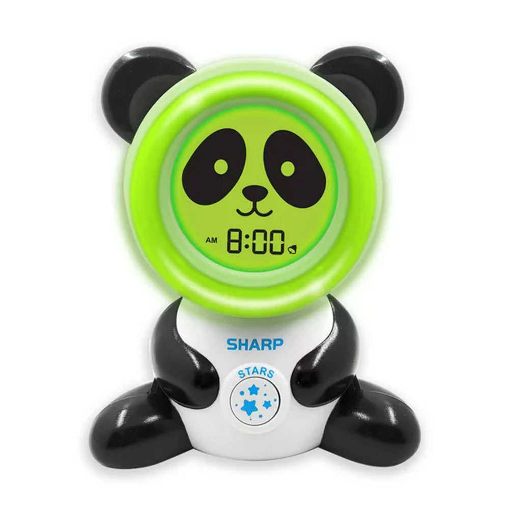 Sharp Ready to Wake Bear Sleep Trainer alarm clock in the shape of a panda bear reading '8:00'