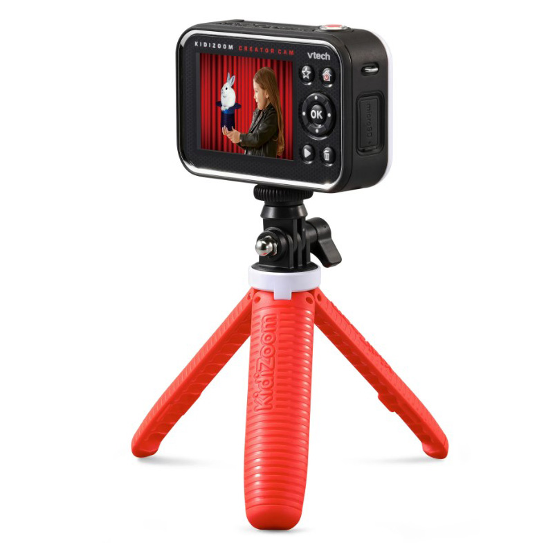 black mini camera on a red tripod