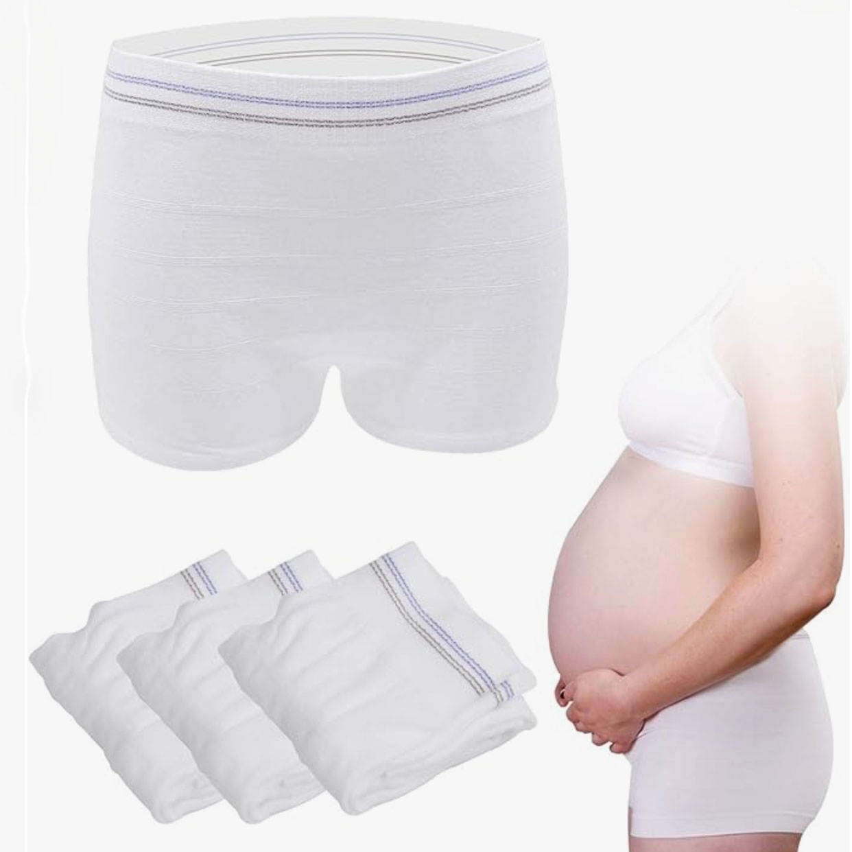 White mesh underwear and image of pregnant mom wearing product