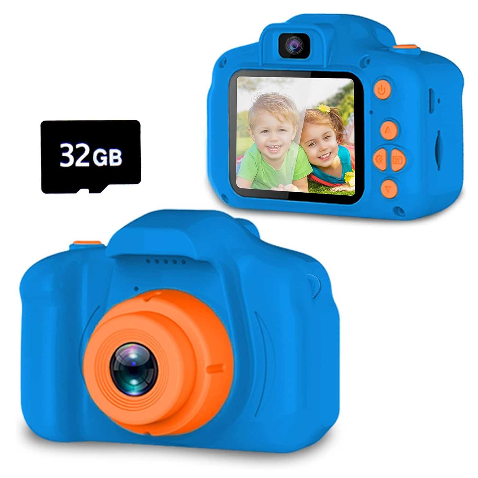 Front and back view of blue and orange camera with SD card