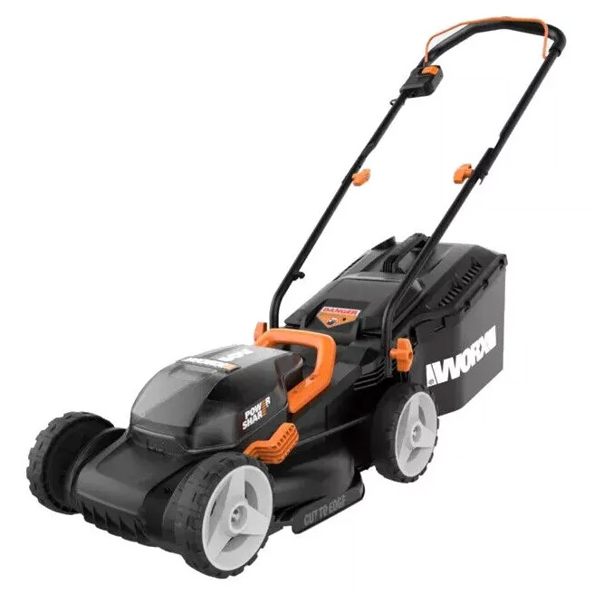 workx cordless lawn mower with orange accents