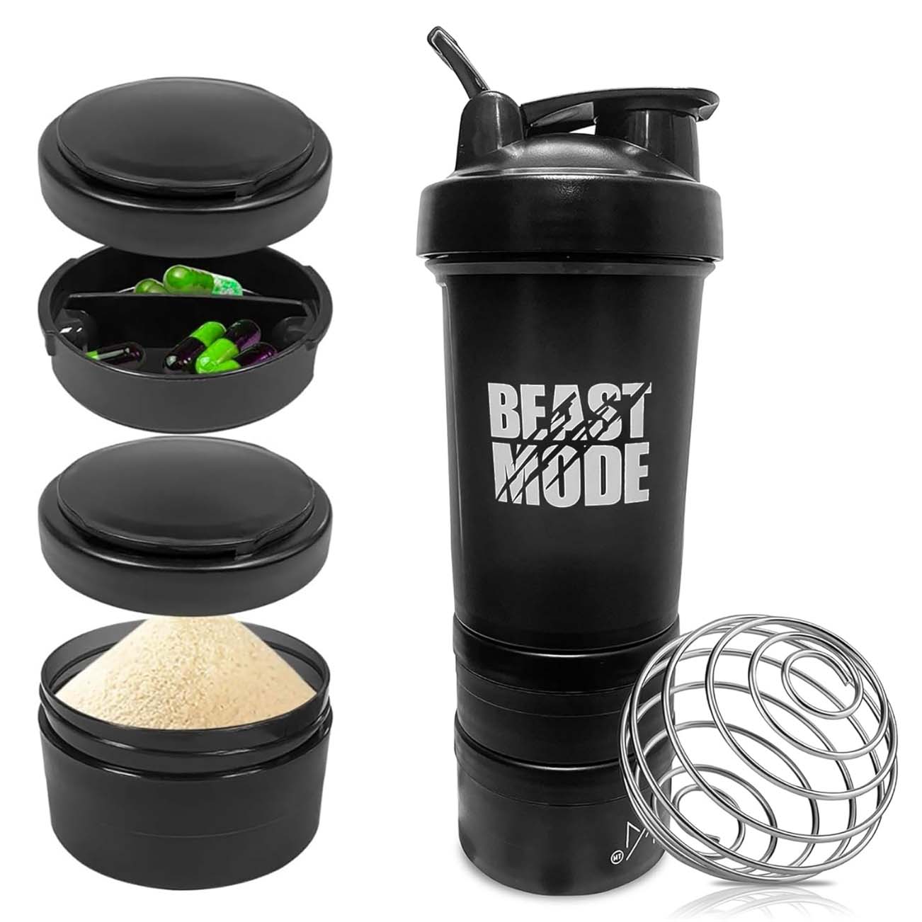 Black Protein Shaker Bottle with Storage Containers