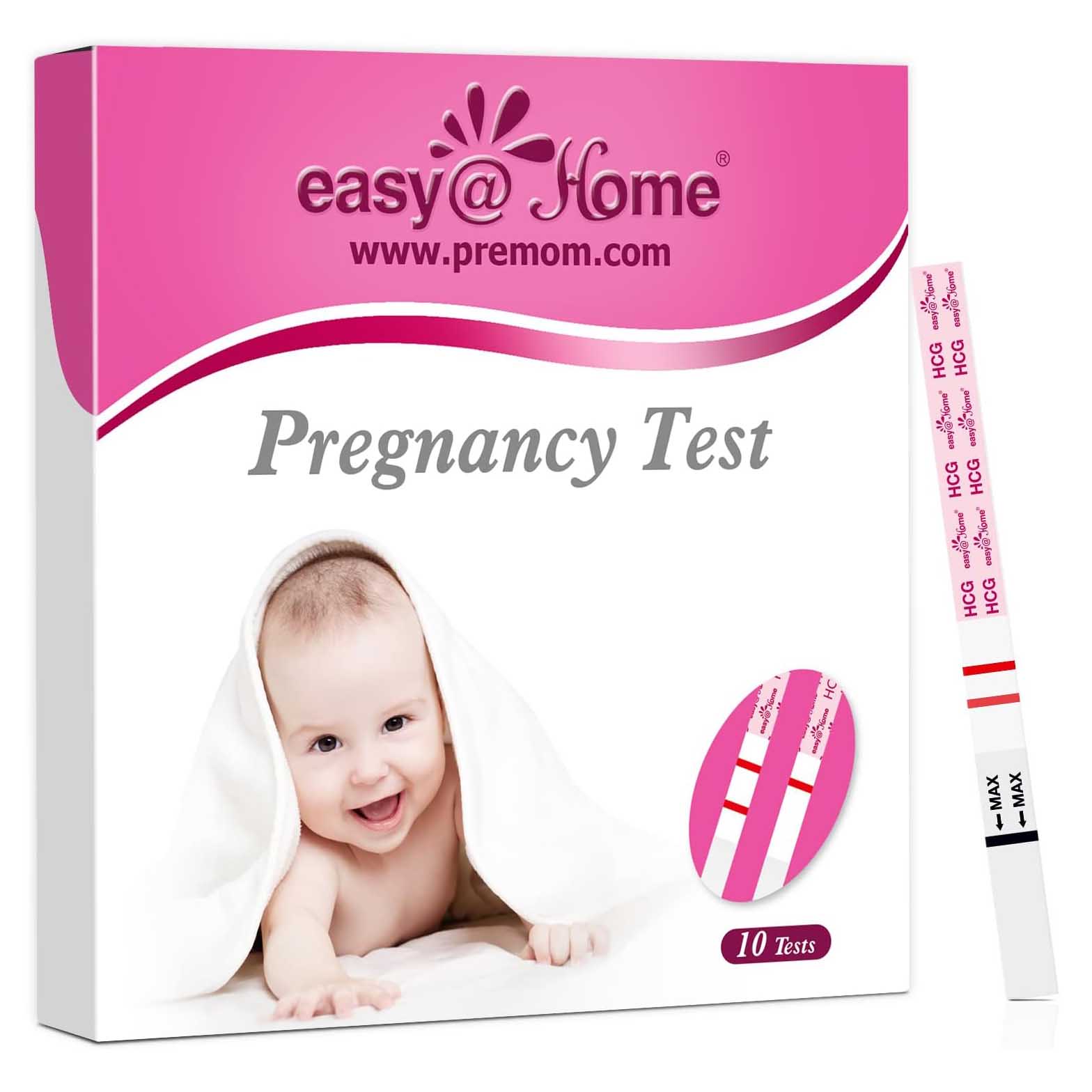 Pregnancy test in pink square box with strip test on the side