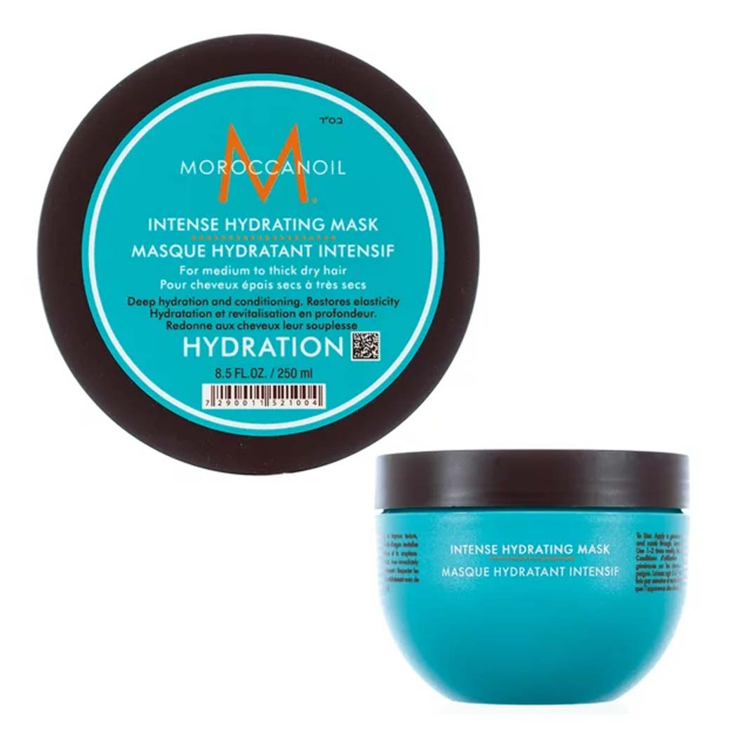 blue and black tub of Moroccanoil Intense Hydrating Mask