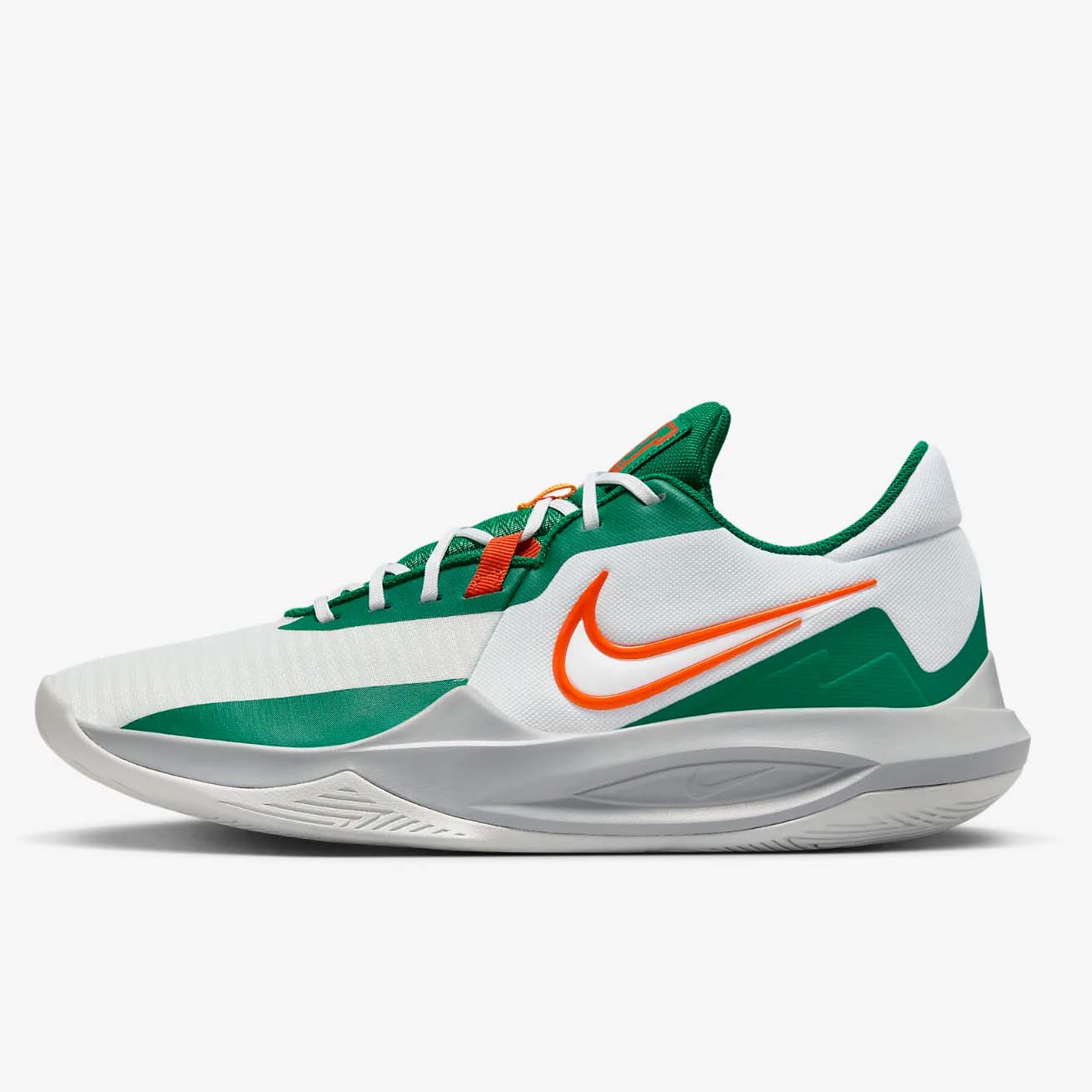 Nike Precision 6 basketball shoes in green, white and orange
