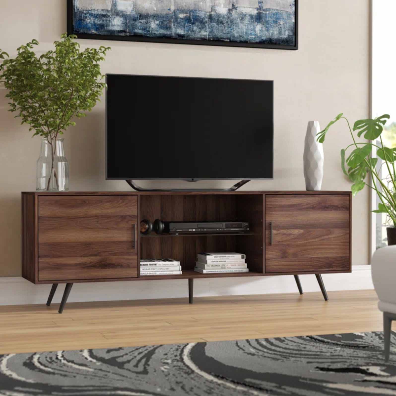 Wooden TV stand in living room setting