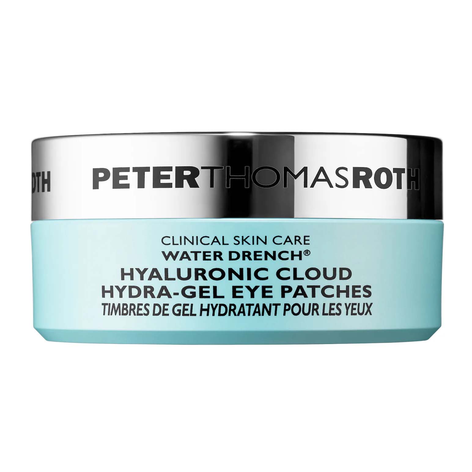 a tub of Peter Thomas Roth Water Drench Hyaluronic Cloud Hydra-Gel Eye Patches in baby blue