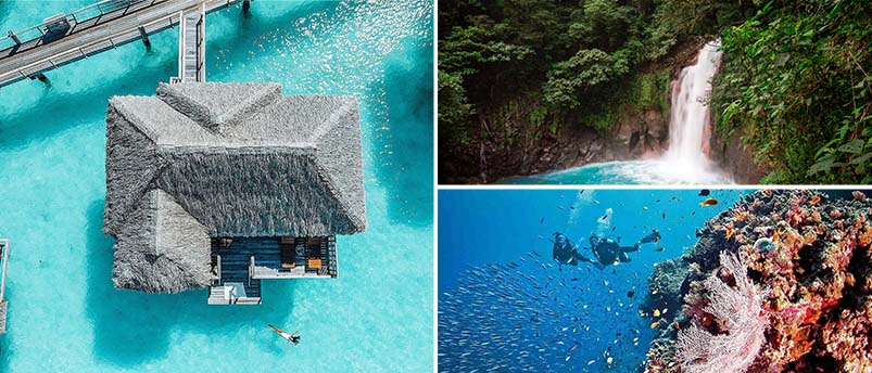 Image of Bora Bora villa, Costa Rica waterfall and Great Barrier Reef
