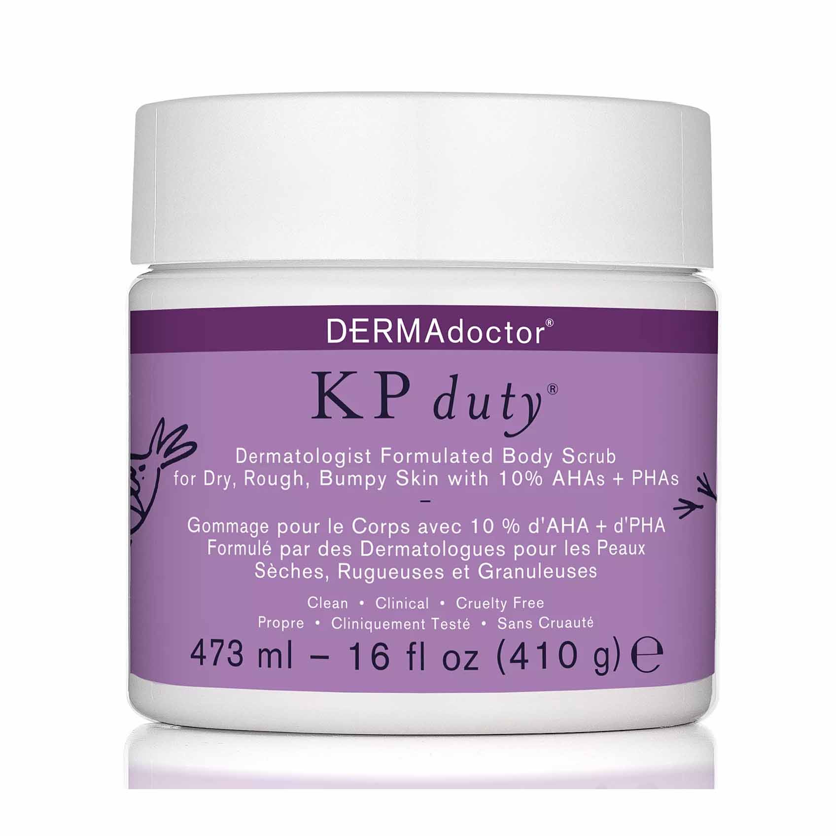 KP Duty Dermatologist Formulated Body Scrub For Dry, Rough, Bumpy Skin in purple and white tub