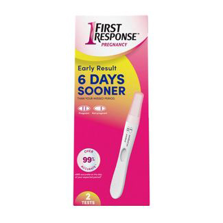 Pregnancy test in pink-colored box packaging