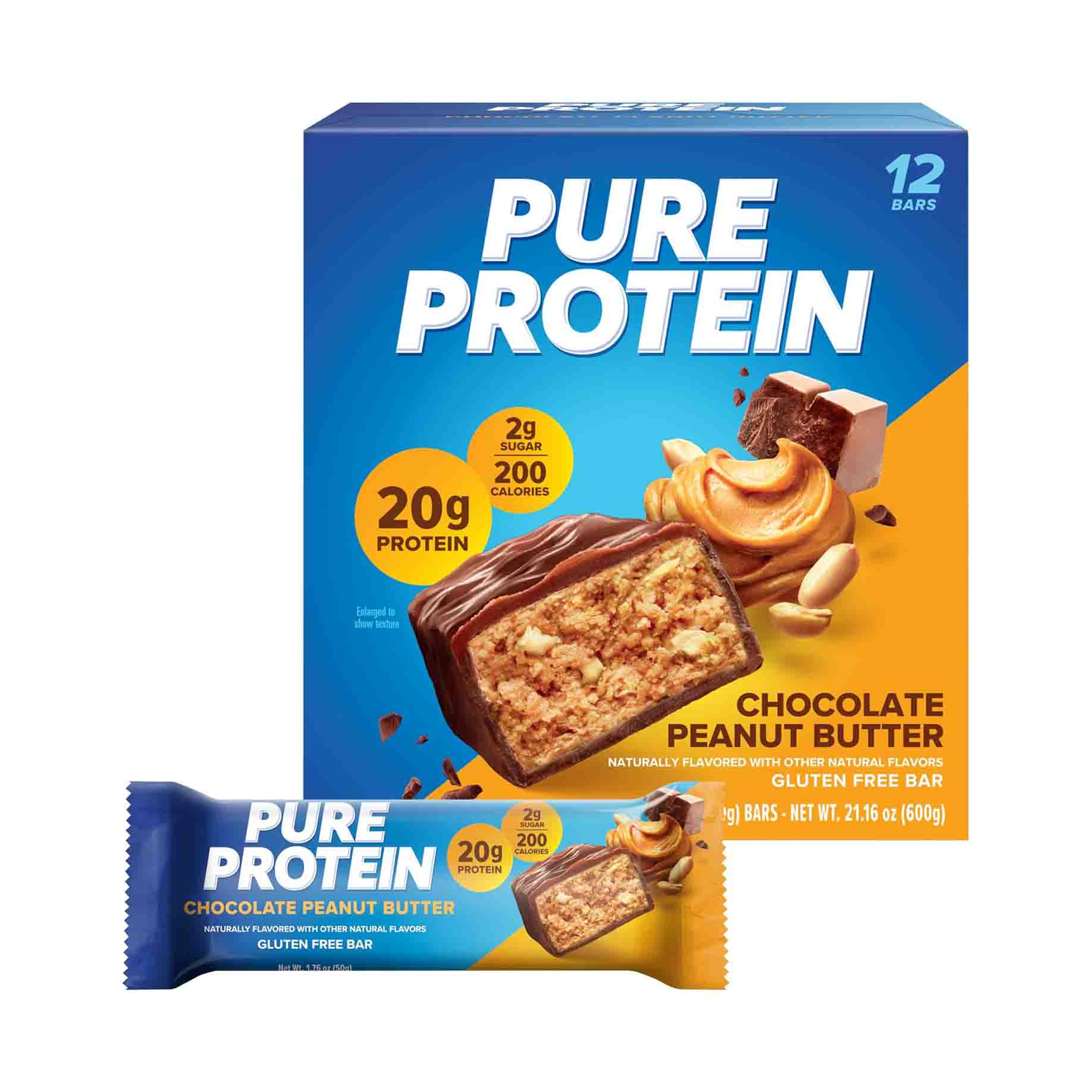 Pure Protein Bars, Chocolate Peanut Butter in blue and orange packet