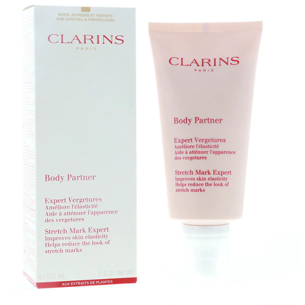 a bottle of Clarins Body Partner Stretch Mark Expert Cream