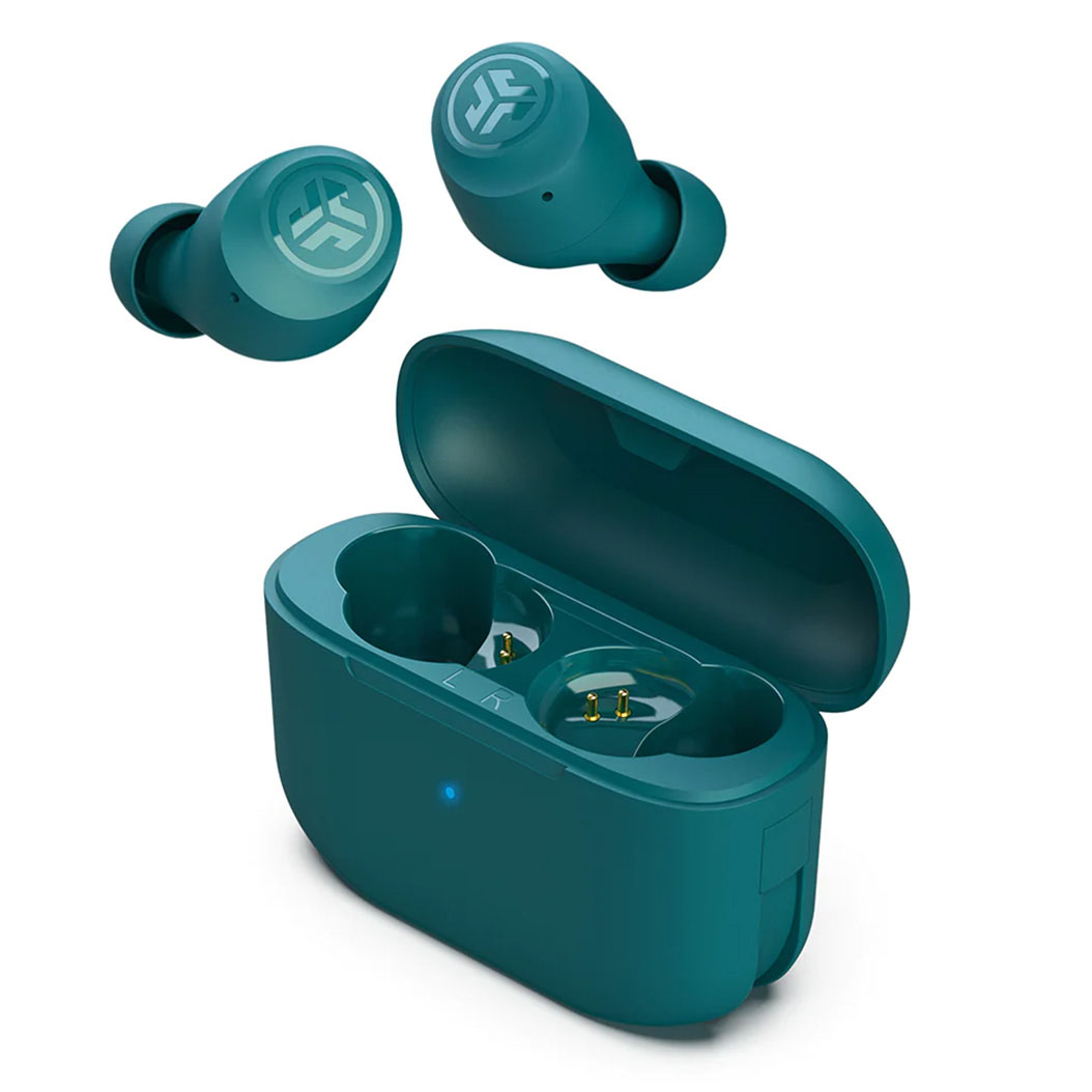 dark teal ear buds and open charging case