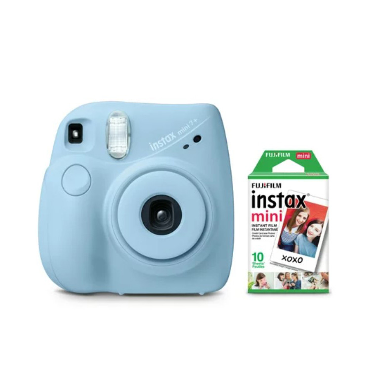 square-shaped, blue camera with film pack