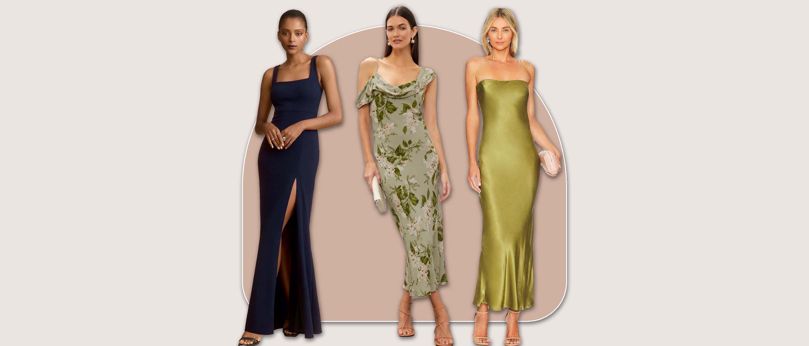 three of the best wedding guest dresses including an olive strapless stress, a blue gown and green floral dress