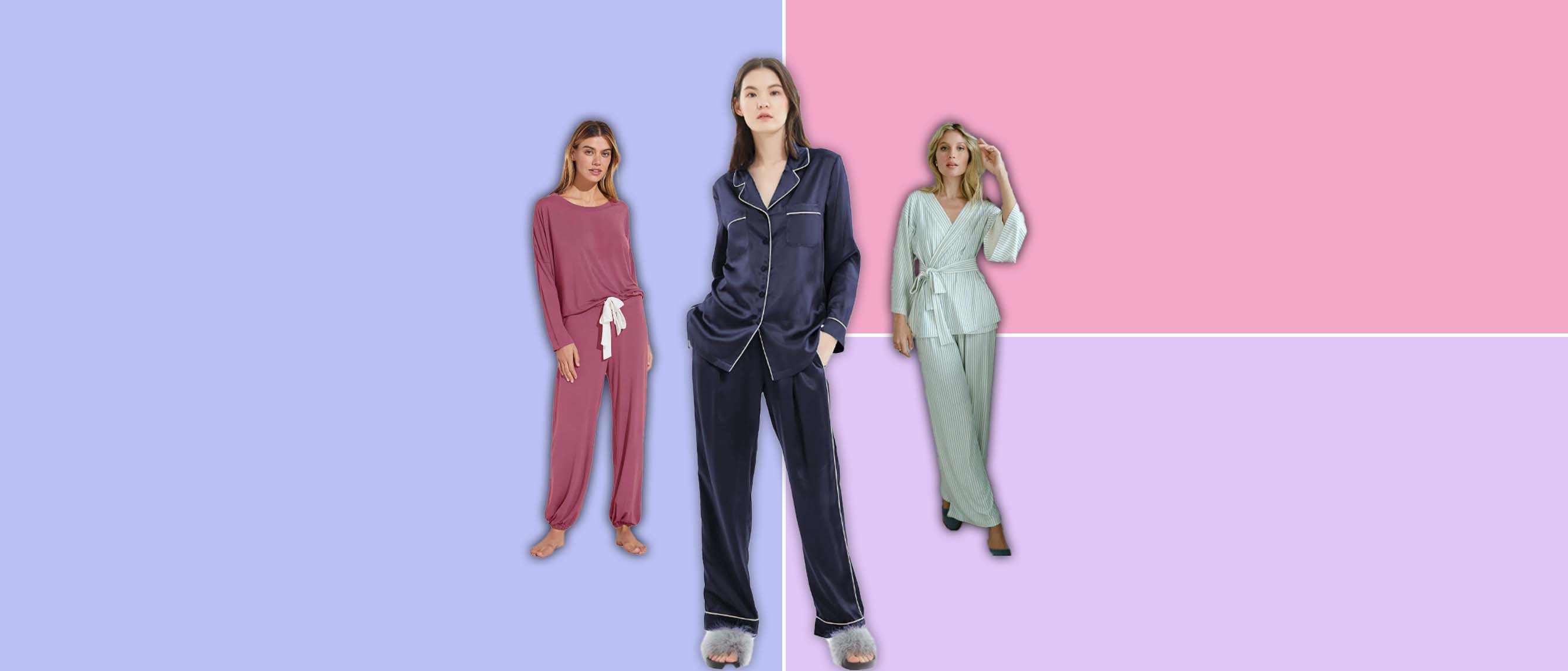 Collage of 3 models wearing pajamas against a pastel purple and pink background