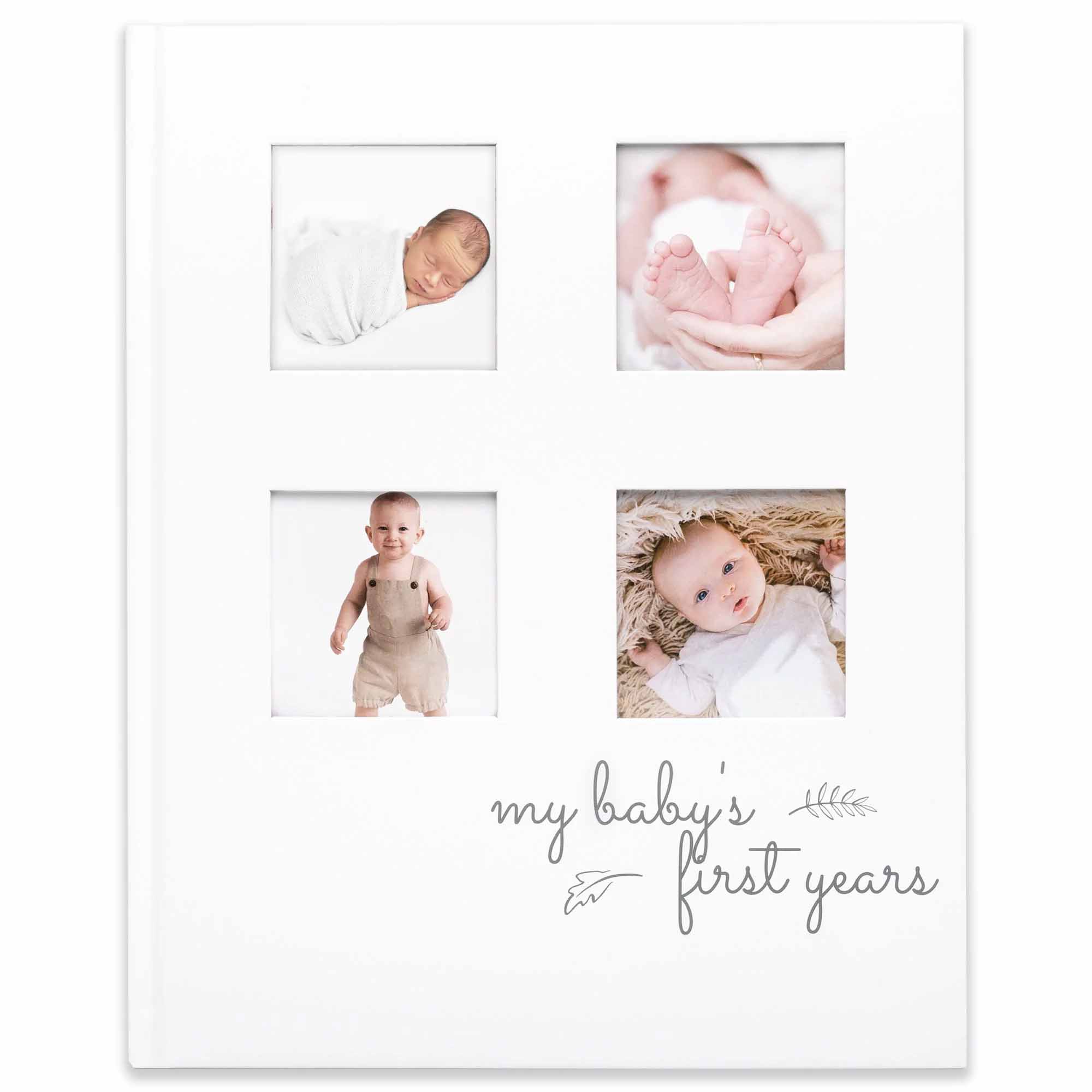 a white baby memory book with pictures of babies on the front