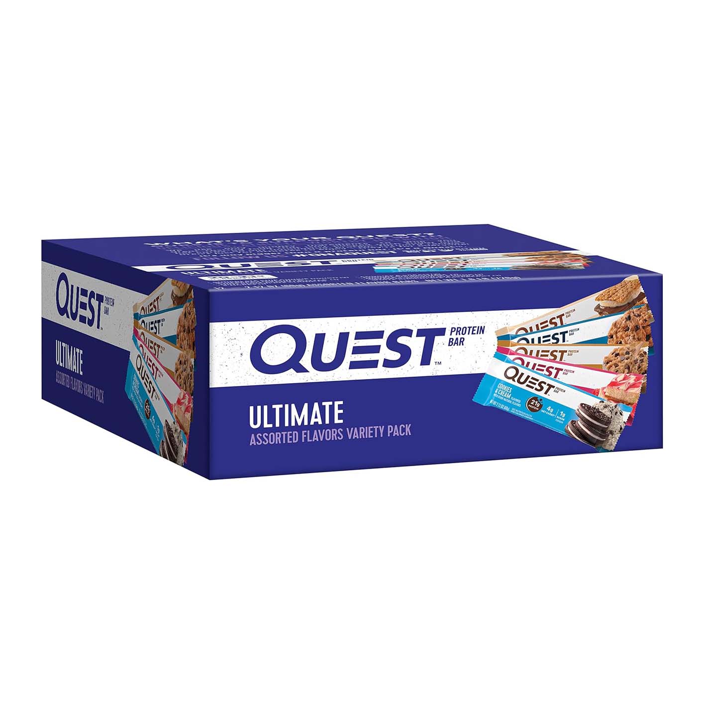 Quest Nutrition Ultimate Variety Pack Protein Bars in a blue box 