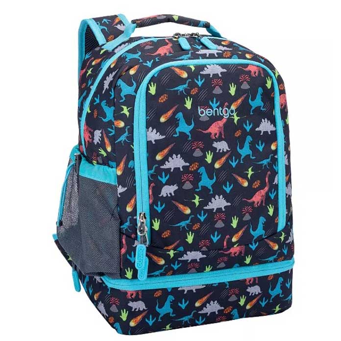 Blue backpack with dinosaur prints