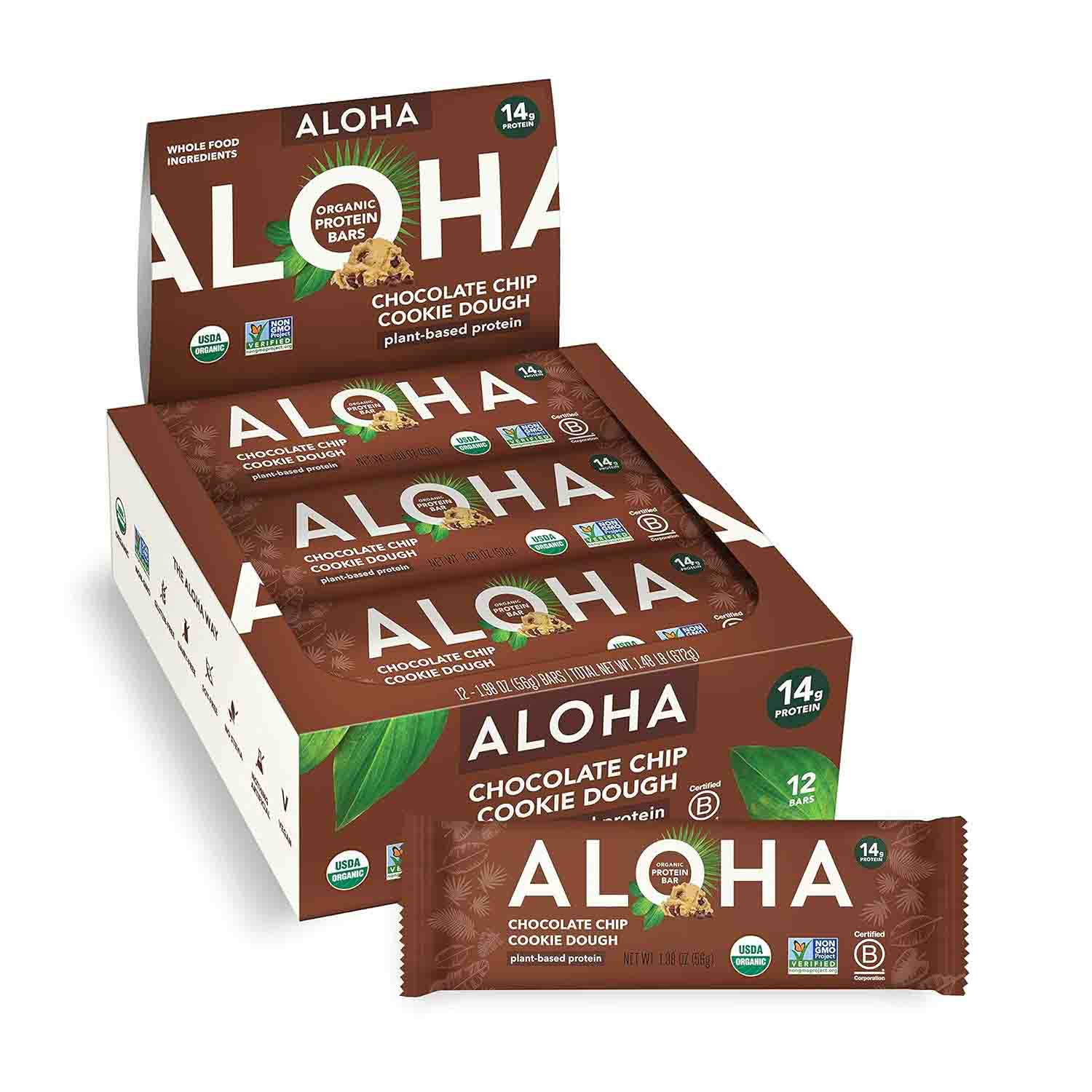 ALOHA Organic Plant Based Protein Bars in a brown box