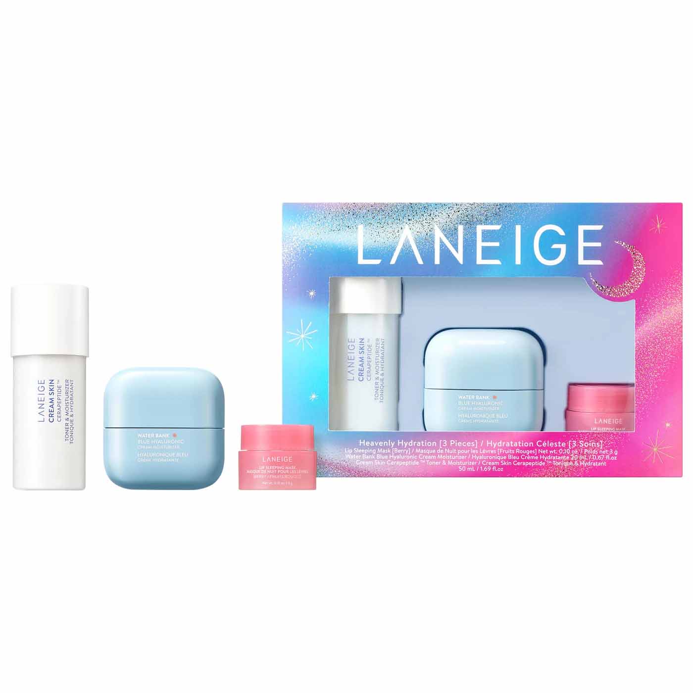 LANEIGE Heavenly Hydration Set with mini creams, moisturizer and lip mask