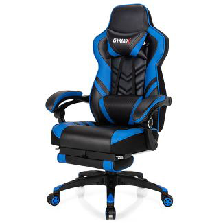 Black leather gaming chair with blue accents
