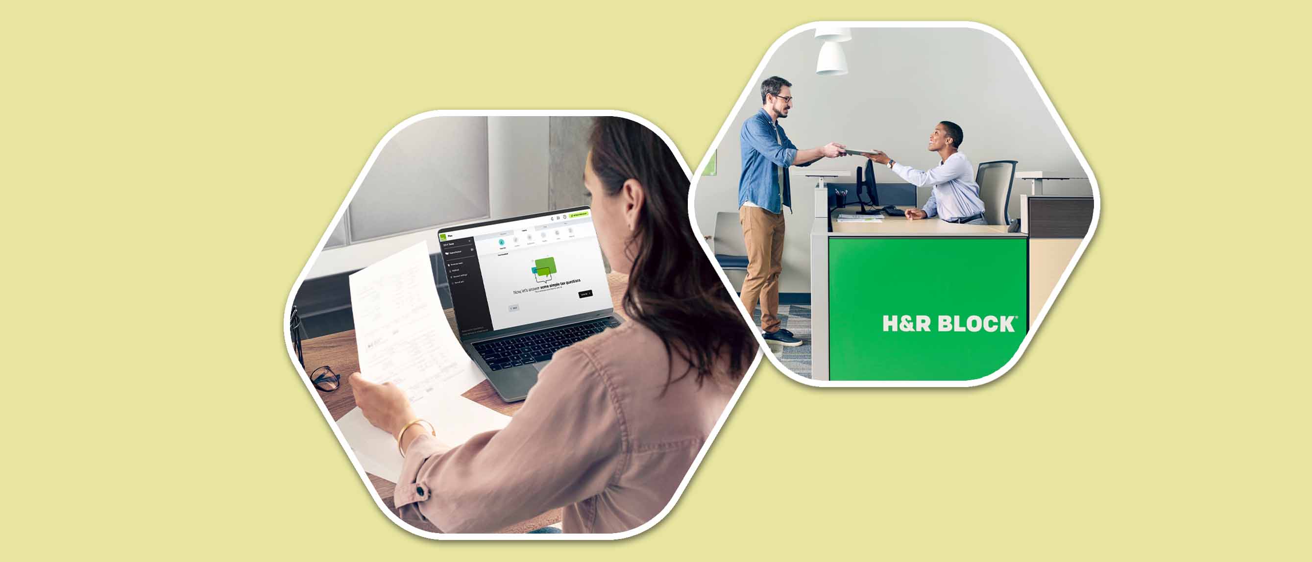 two images of a woman using H&R Block online and a man visiting the office in person