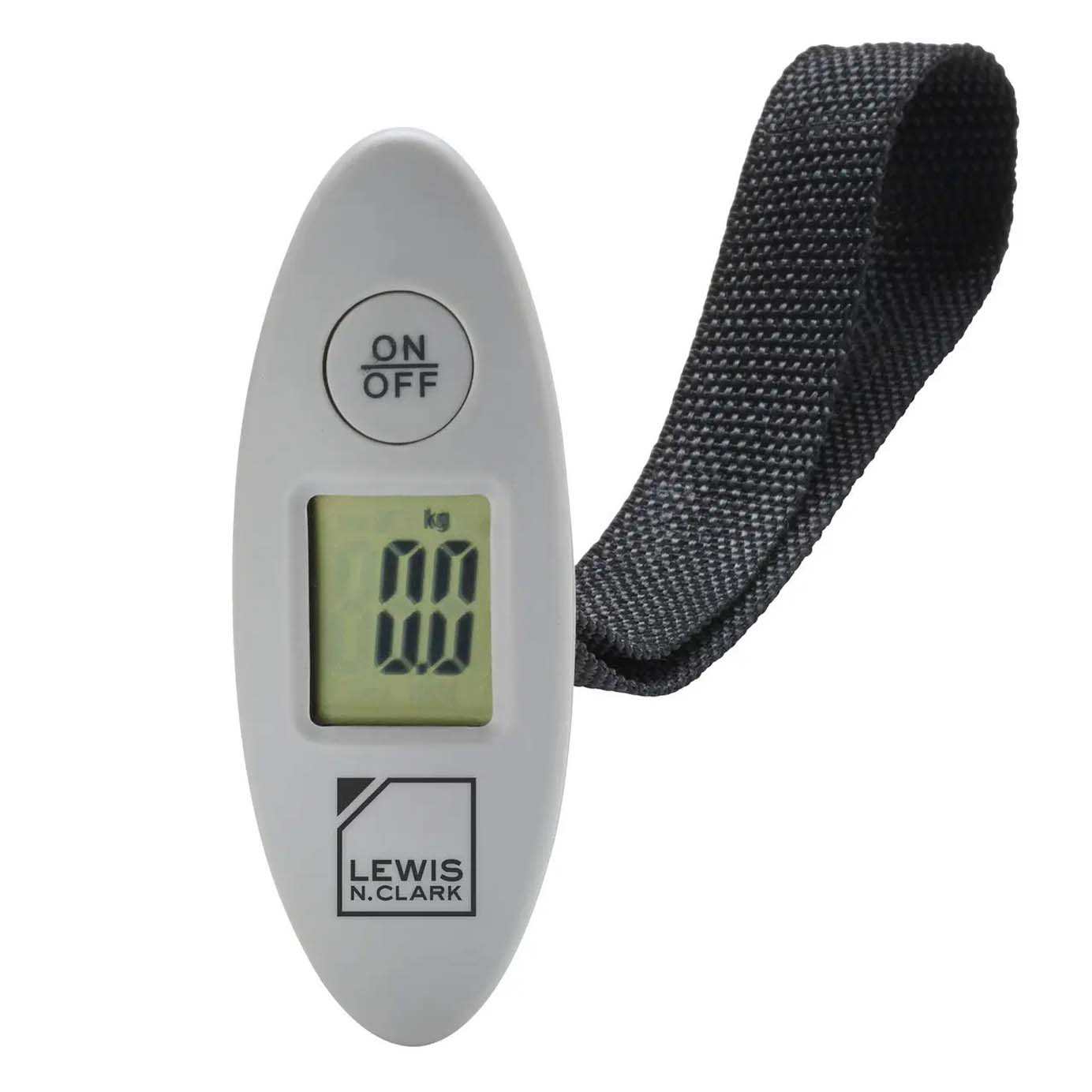 gray oval digital luggage scale with black strap