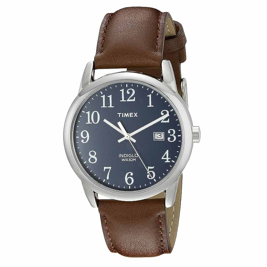 watch with brown straps and blue dial