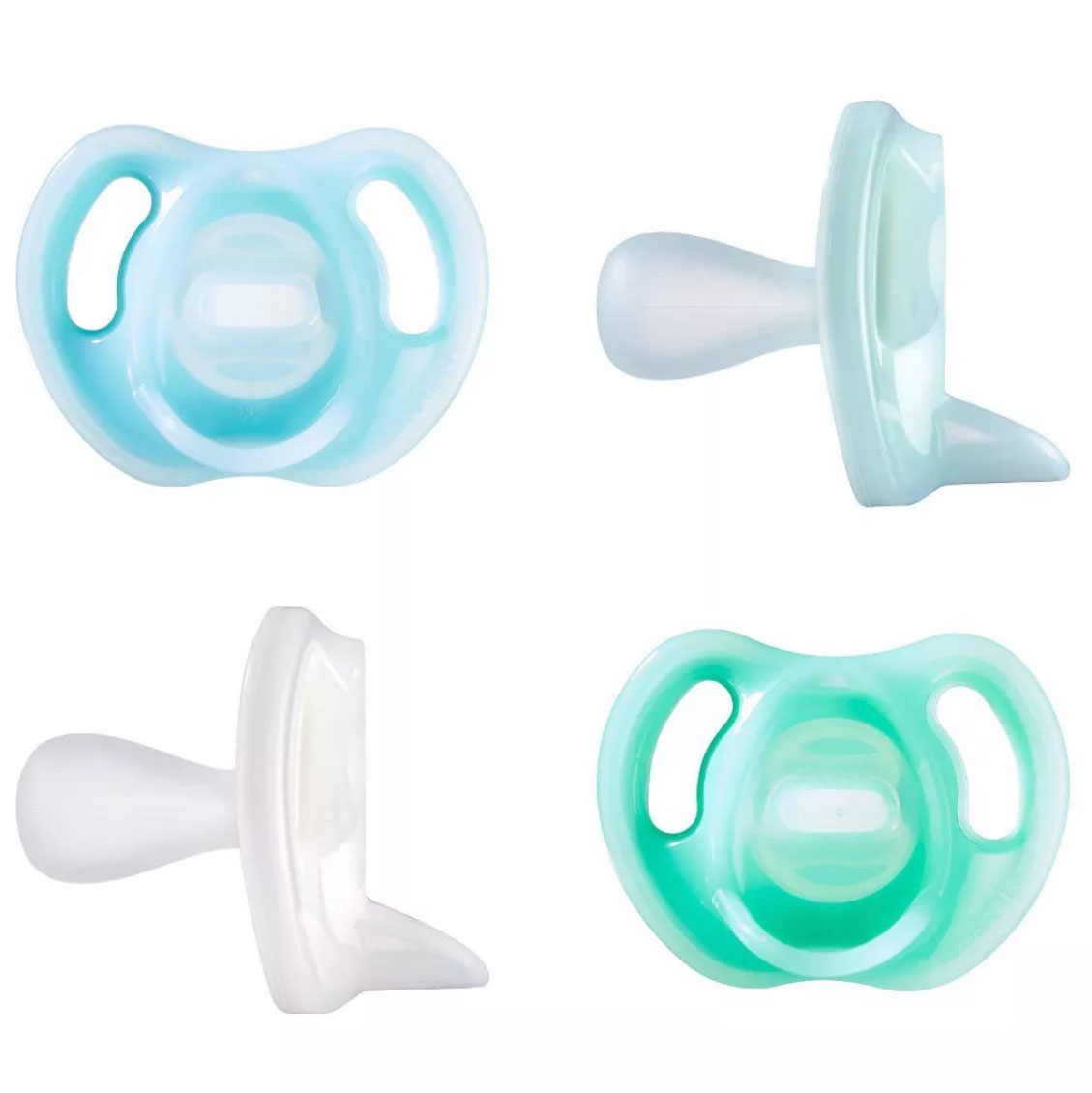 Front and side views of silicone pacifiers