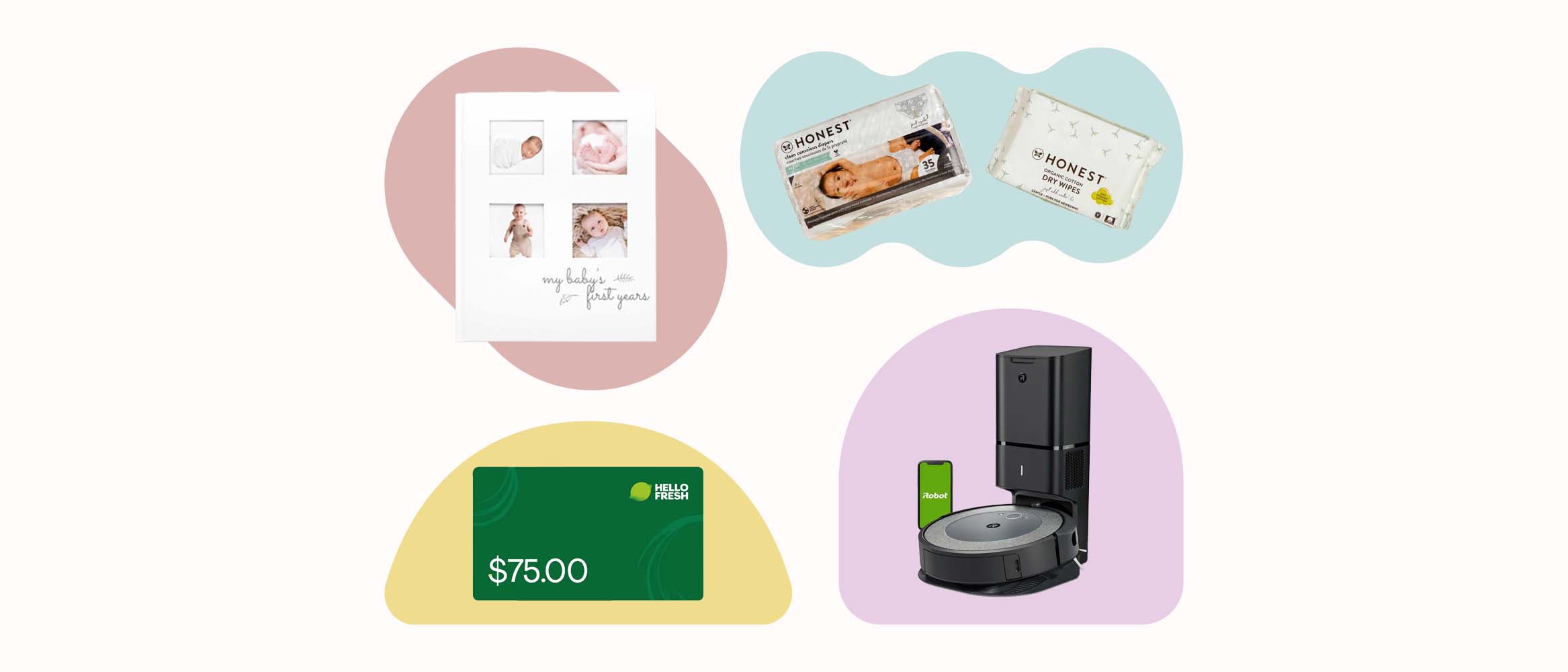 four gift ideas to give new parents including a hello fresh gift card, robot vacuum 