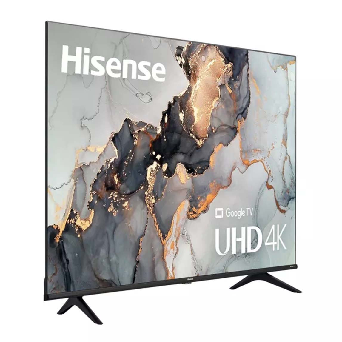 diagonal view of hisense uhd 4k tv on feet stands