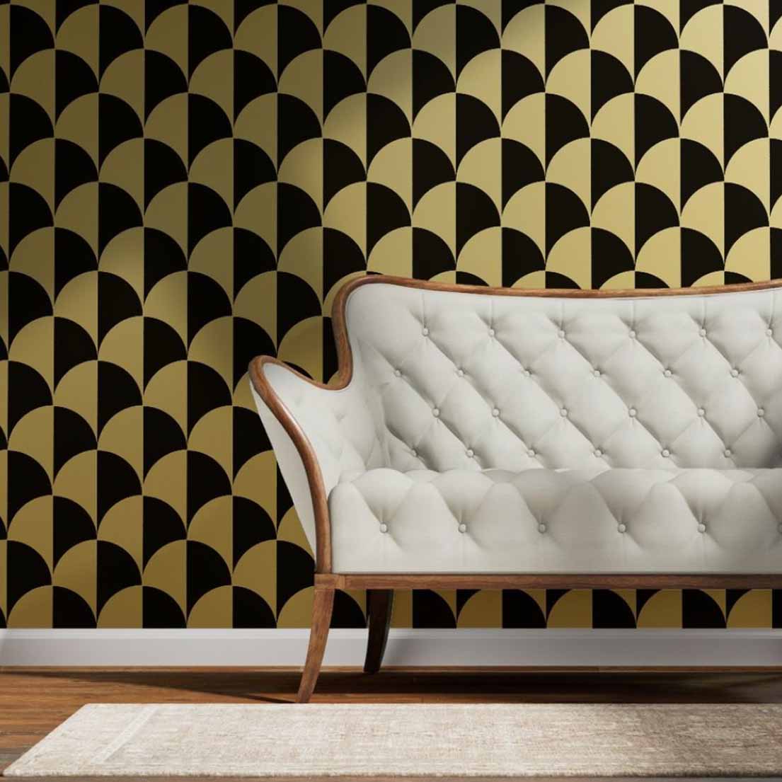 Round Checkers White on Charcoal Wallpaper in gold and black