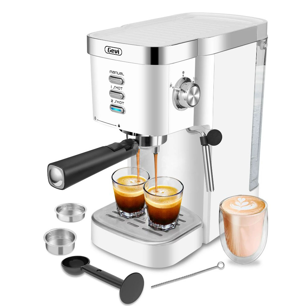 Gevi Espresso Machine with two espressos and a latte