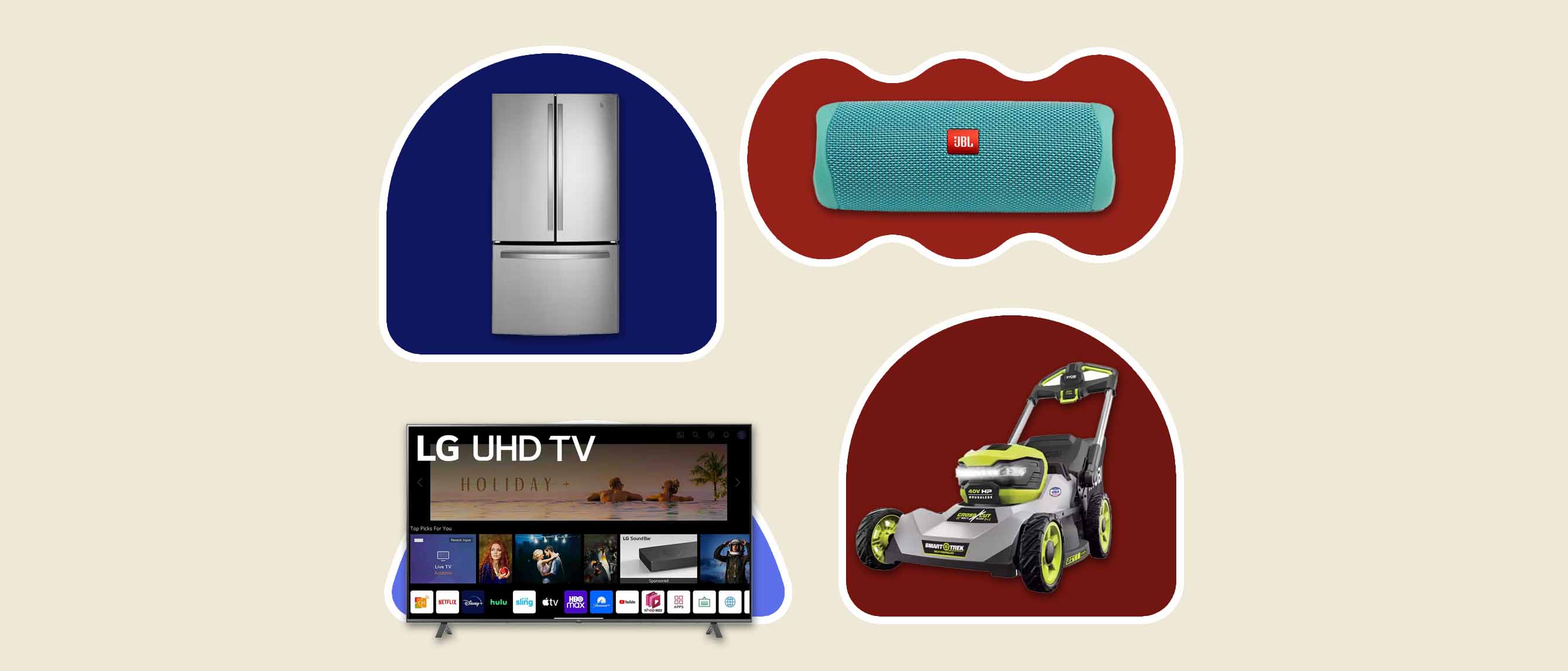 a roundup of the best fourth of July sales including a G.E refrigerator, JBL speaker, LG UHD TV, cordless lawn mower