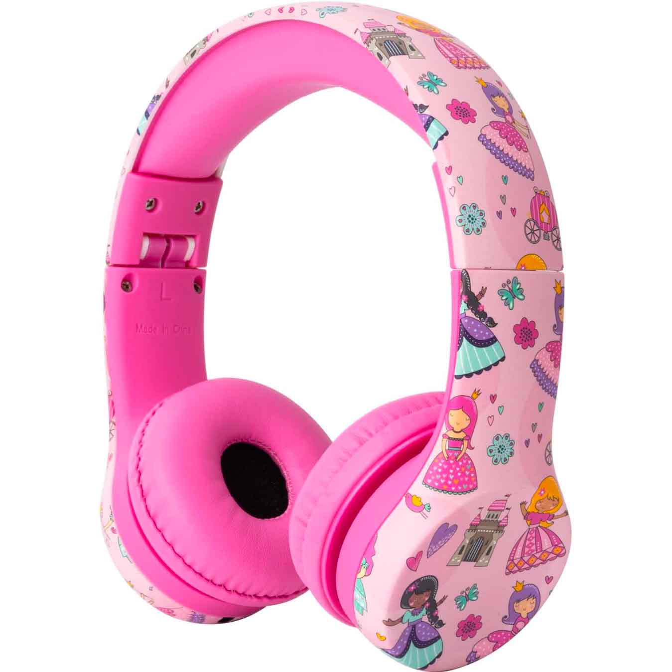 pink kids headphones with princess pattern
