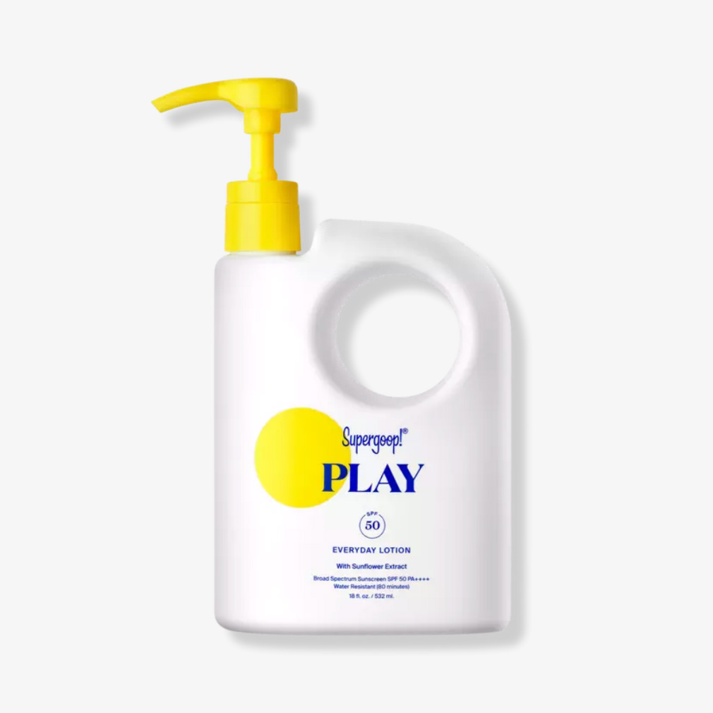 Sunscreen in big white and yellow pump bottle
