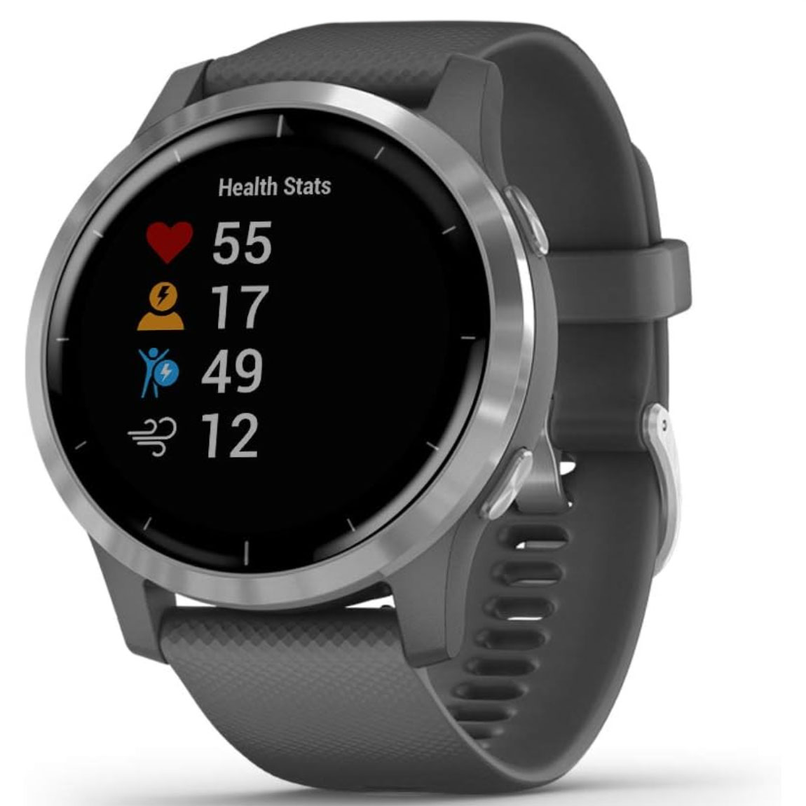 Silver Garmin smartwatch with health status display