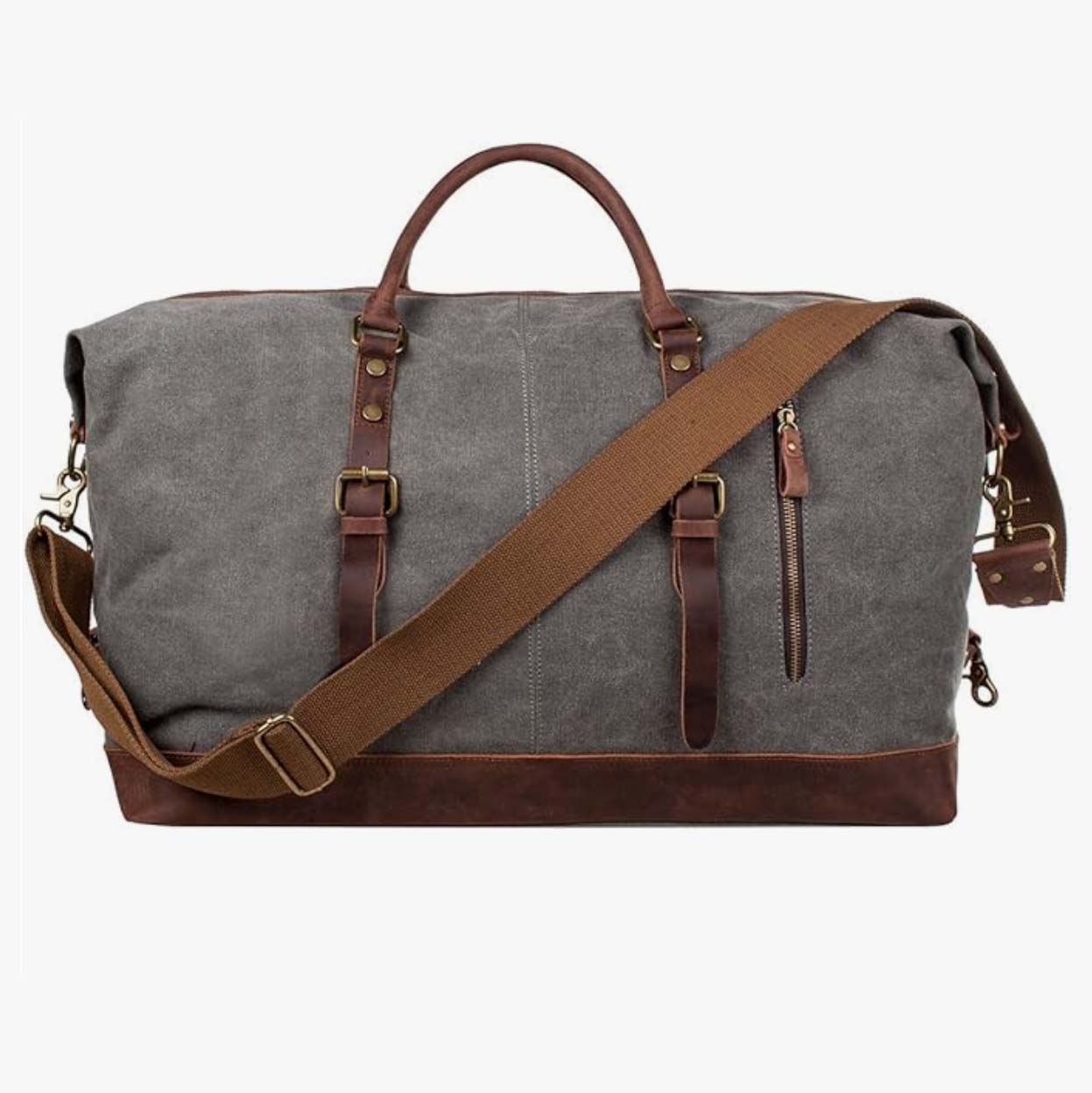 Dark grey and brown duffle bag with leather straps