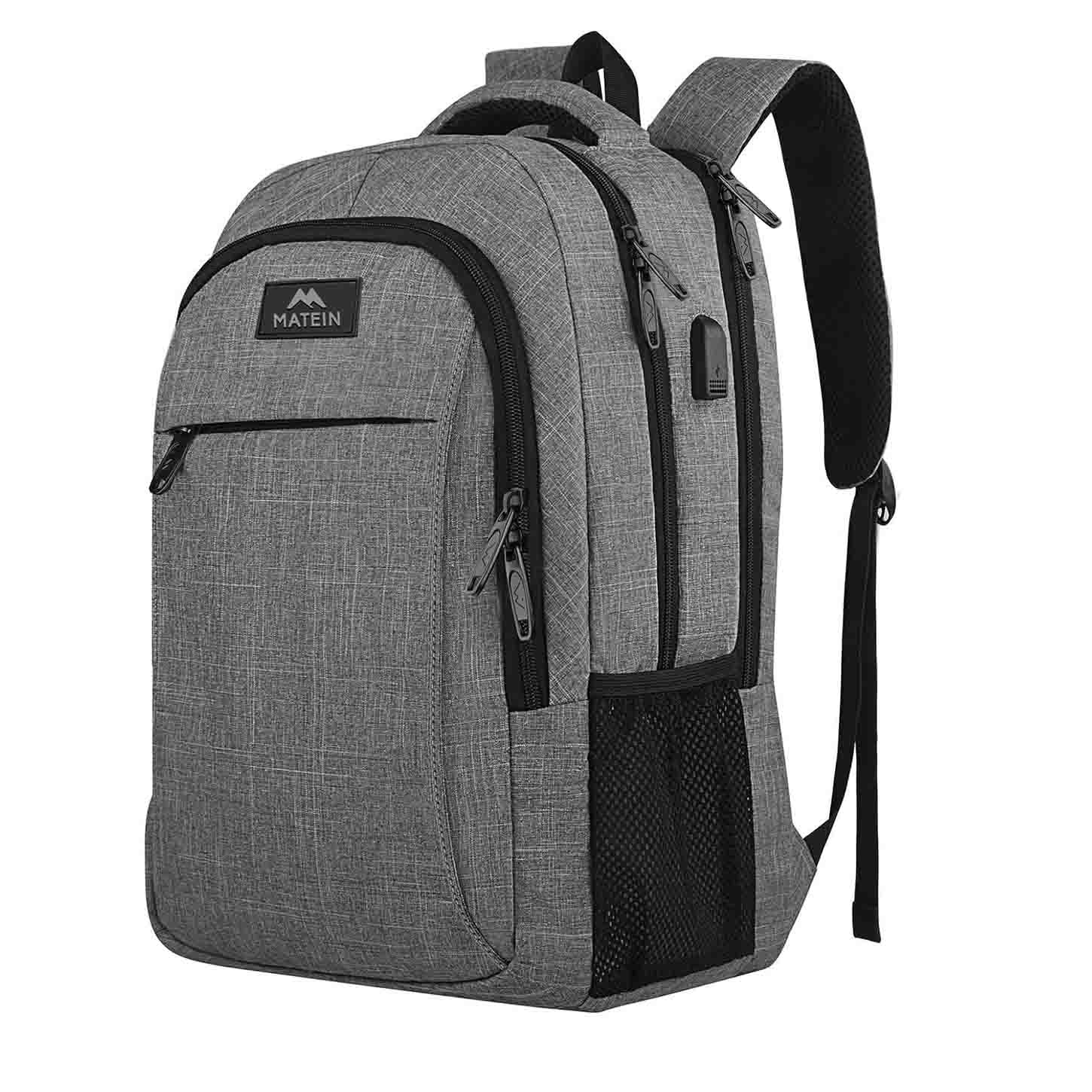 grey and black travel backpack with zip and side pockets