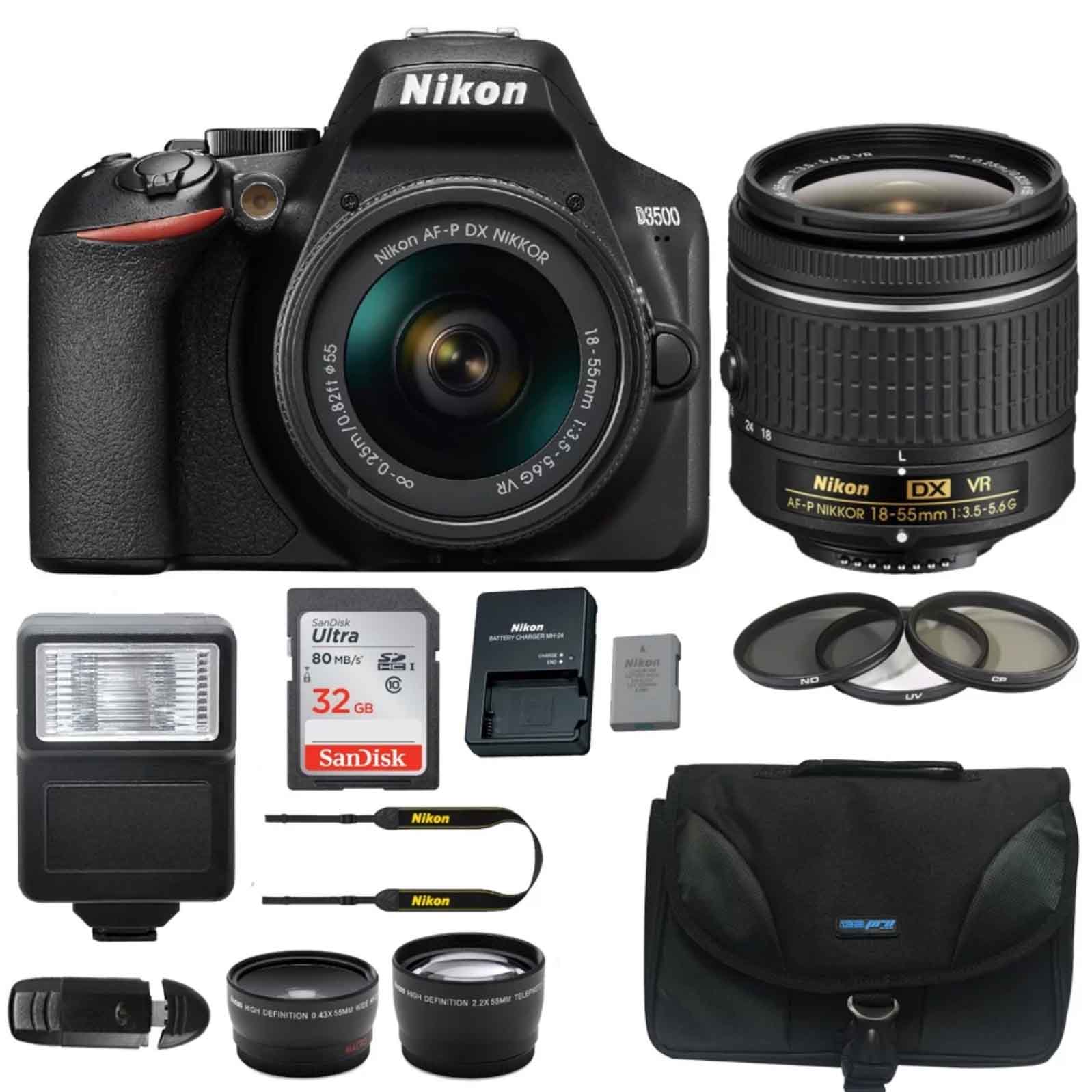 D3500 camera with lends, memory card, accessories and bag