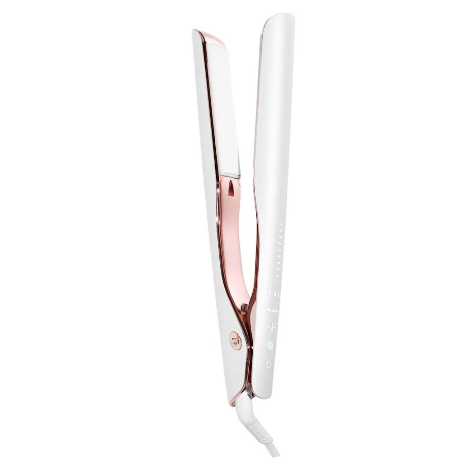 white hair straightener with pink accent