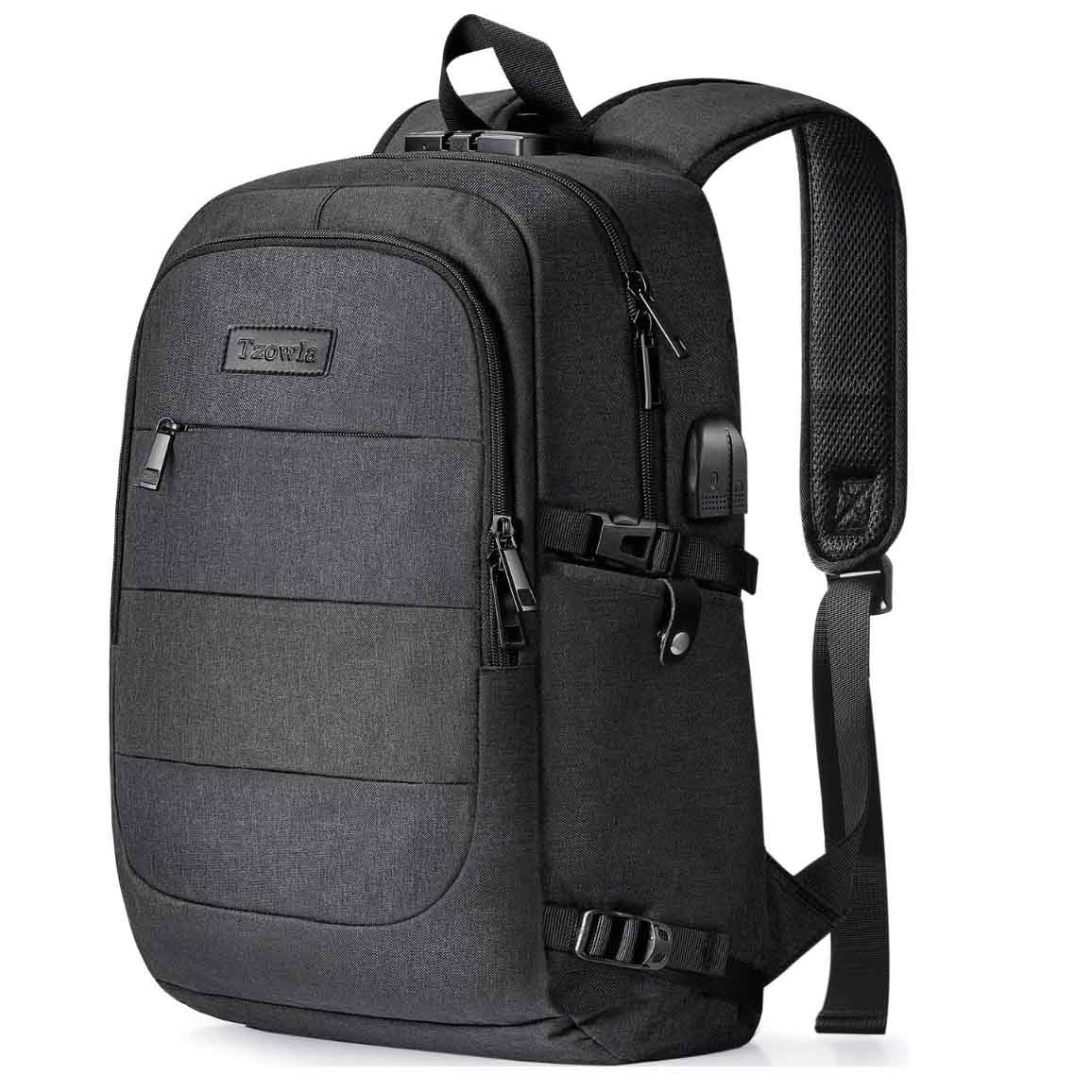 Side view of grey laptop backpack