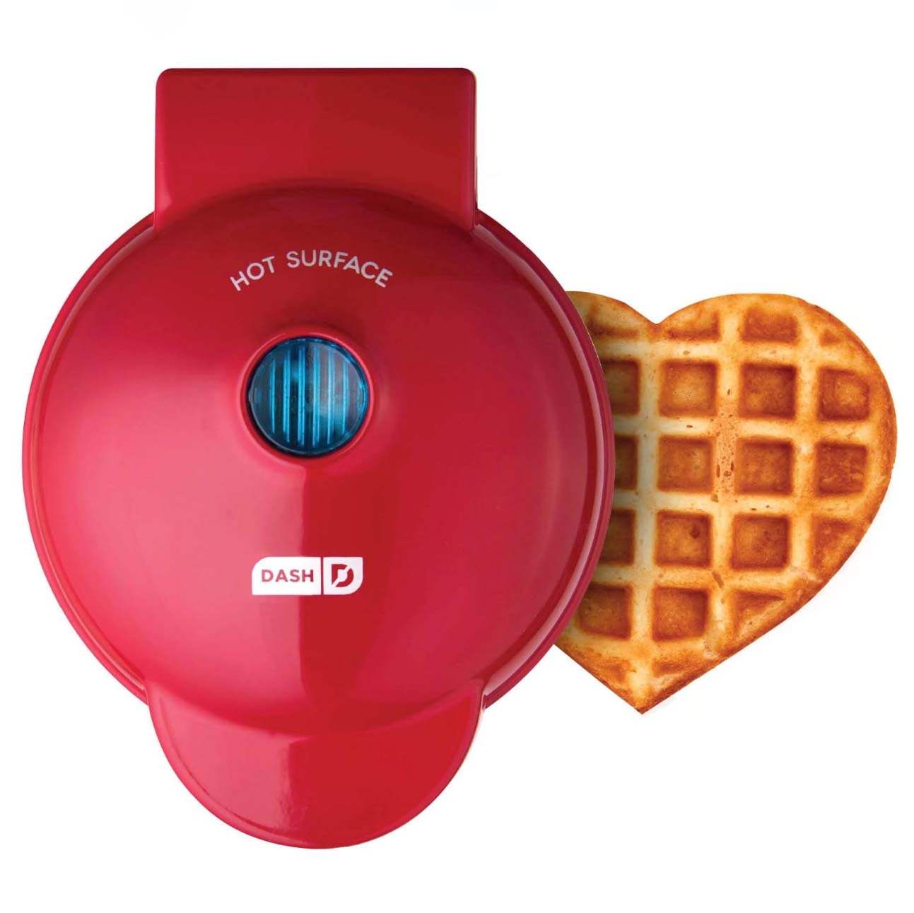 Red waffle maker and heart-shaped waffle