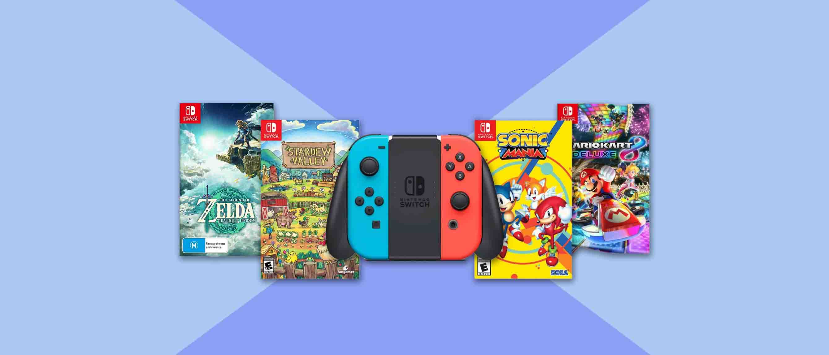 Image of four Nintendo Games and Nintendo Switch