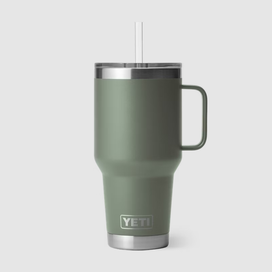 Yeti Rambler 35-Ounce Mug with straw and handle in army green