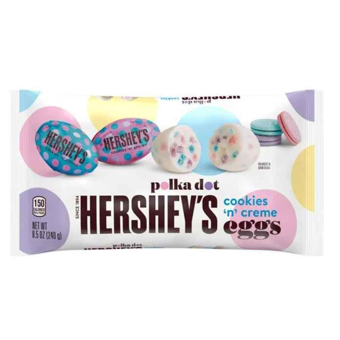 Hershey's Cookies 'n' Creme Polka Dot Eggs in a pastel and cream packet