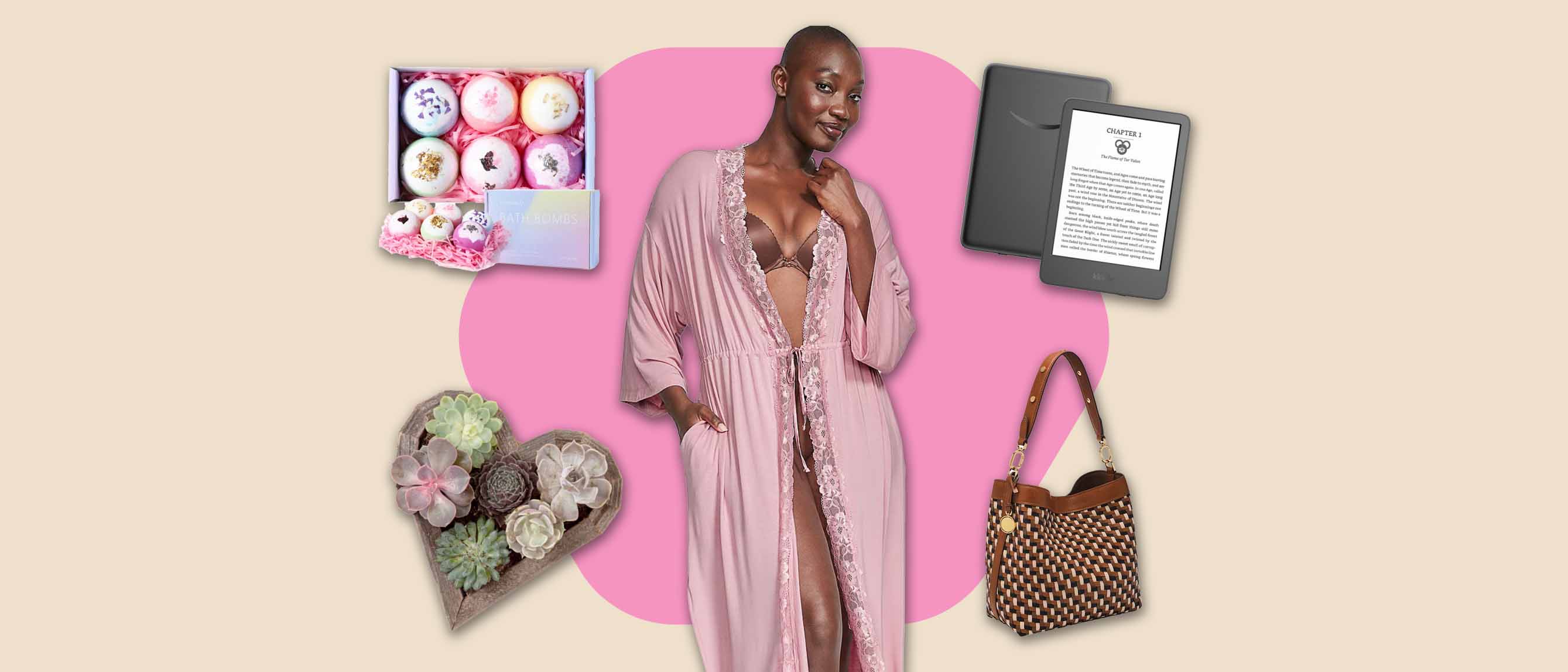 Image of woman in robe, succulents, bag, bathbombs and kindle
